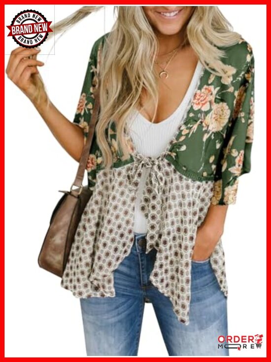 Other - Tie Front Kimono Cardigan Floral Lightweight Ruffle 3/4 Sleeve Boho Beach Cover